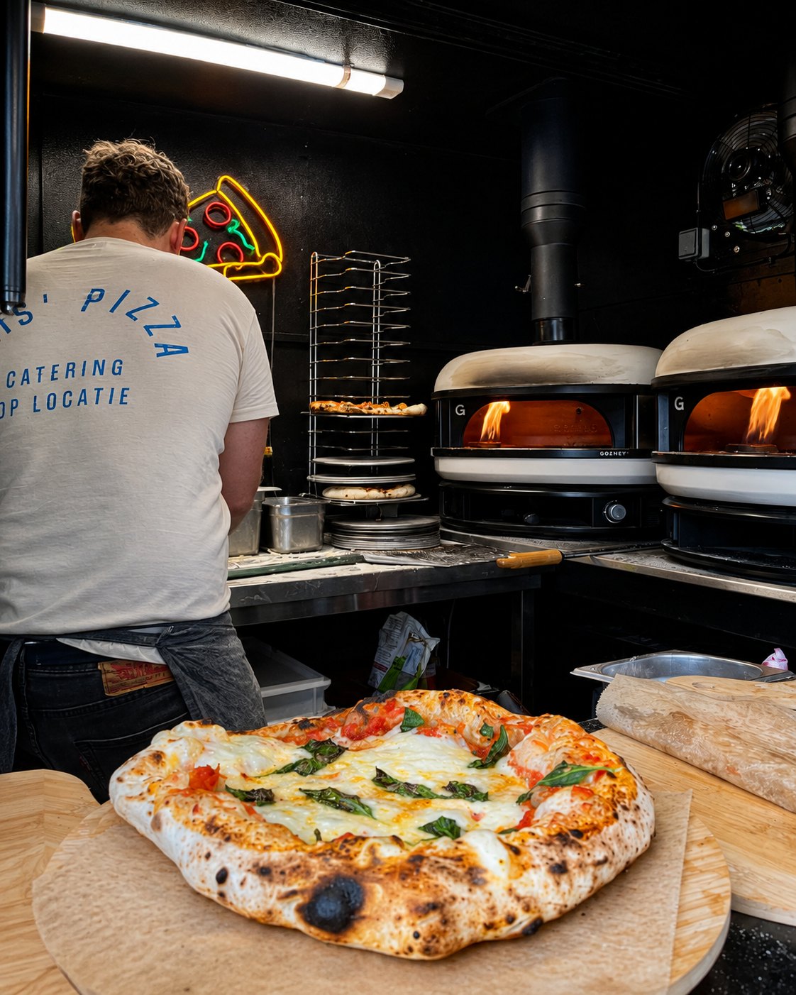 Verse Napolitaanse pizza Margherita uit de houtoven van de pizzakar